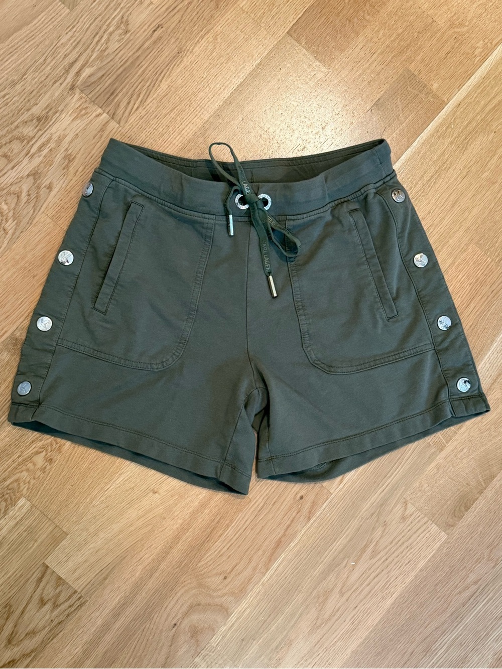 Karl Lagerfeld Paris Olive Green Drawstring Athletic Shorts with Side Buttons